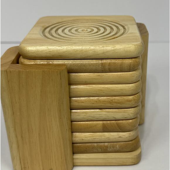 Set of 8 Wooden Drink Coasters with Holder Engraved Circles Rustic Decor - Picture 3 of 9
